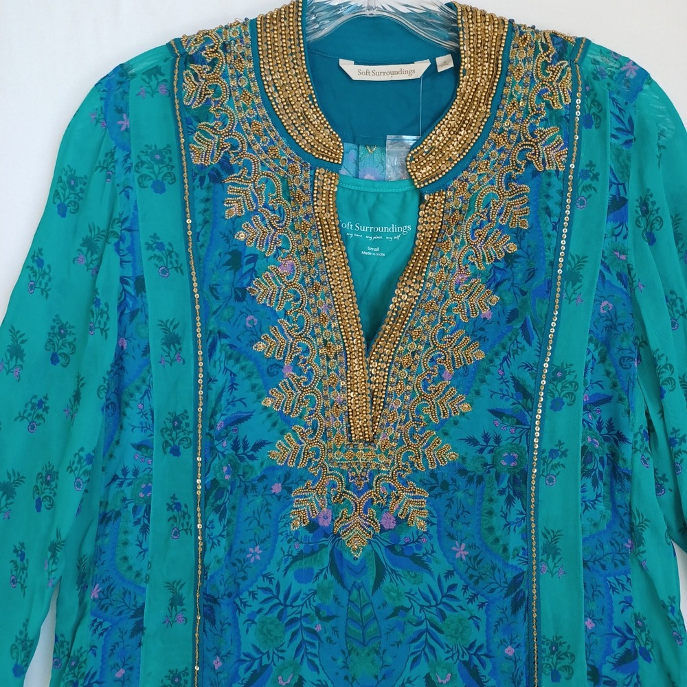 Soft Surroundings Teal Silk Blend Beaded Tunic Top Blue Paisley Boho Womens Sm - Picture 5 of 11